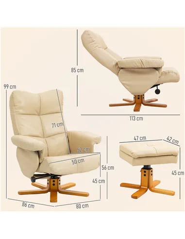 HOMCOM PU Leather Swivel Recliner Chair with Footstool, Wooden Base and Storage for Living Room, Beige