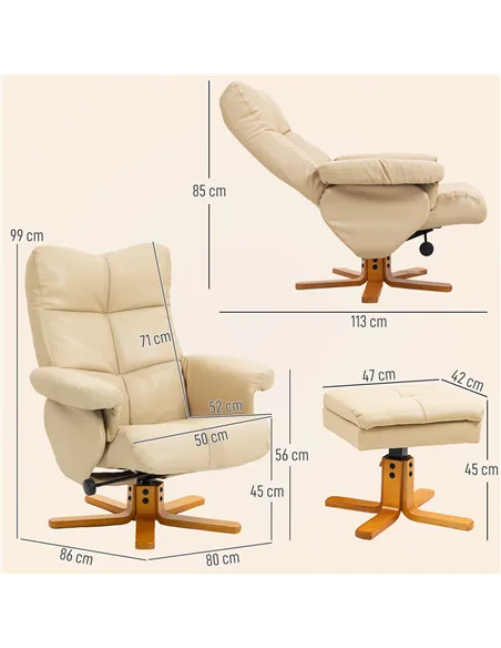 HOMCOM PU Leather Swivel Recliner Chair with Footstool, Wooden Base and Storage for Living Room, Beige