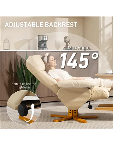 HOMCOM PU Leather Swivel Recliner Chair with Footstool, Wooden Base and Storage for Living Room, Beige