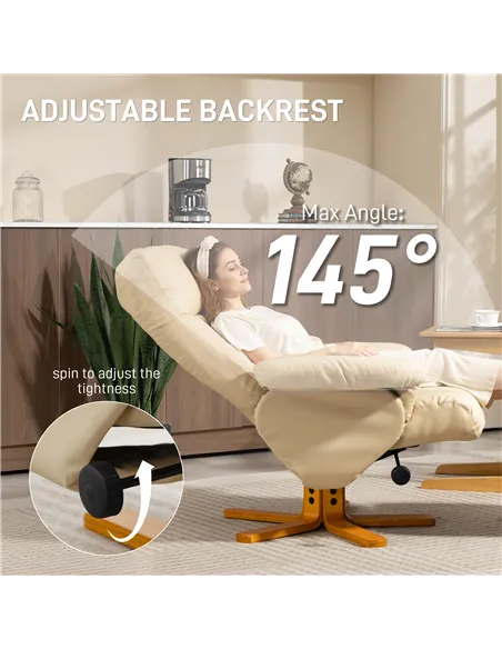 HOMCOM PU Leather Swivel Recliner Chair with Footstool, Wooden Base and Storage for Living Room, Beige
