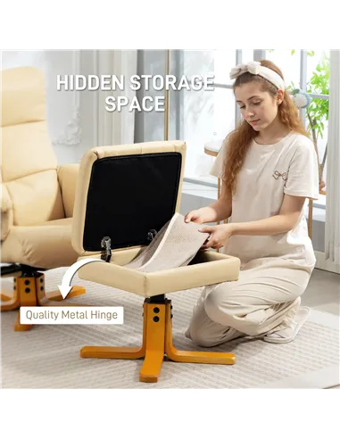 HOMCOM PU Leather Swivel Recliner Chair with Footstool, Wooden Base and Storage for Living Room, Beige