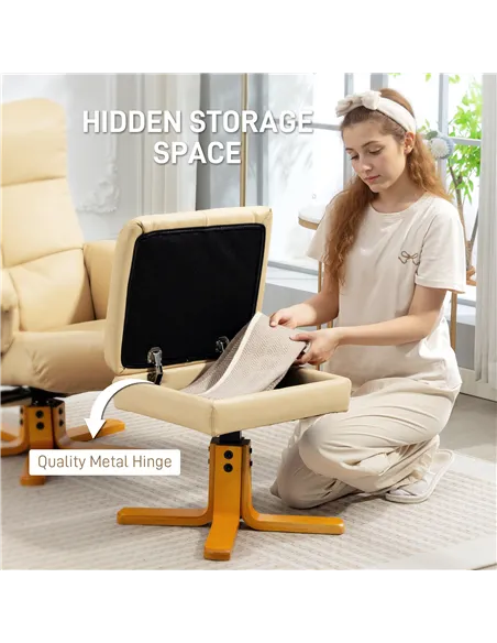 HOMCOM PU Leather Swivel Recliner Chair with Footstool, Wooden Base and Storage for Living Room, Beige