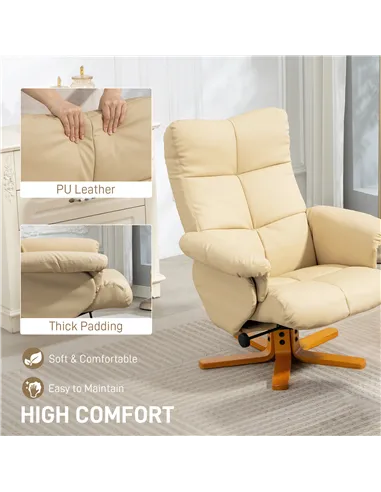 HOMCOM PU Leather Swivel Recliner Chair with Footstool, Wooden Base and Storage for Living Room, Beige