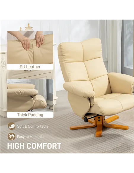 HOMCOM PU Leather Swivel Recliner Chair with Footstool, Wooden Base and Storage for Living Room, Beige