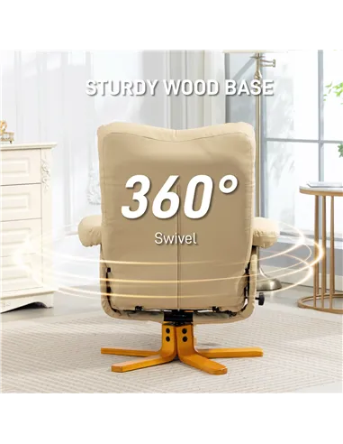 HOMCOM PU Leather Swivel Recliner Chair with Footstool, Wooden Base and Storage for Living Room, Beige