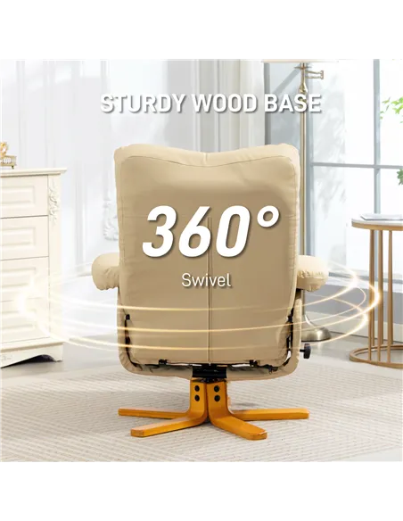 HOMCOM PU Leather Swivel Recliner Chair with Footstool, Wooden Base and Storage for Living Room, Beige