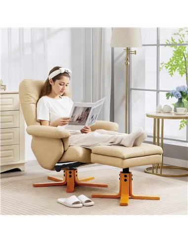 HOMCOM PU Leather Swivel Recliner Chair with Footstool, Wooden Base and Storage for Living Room, Beige
