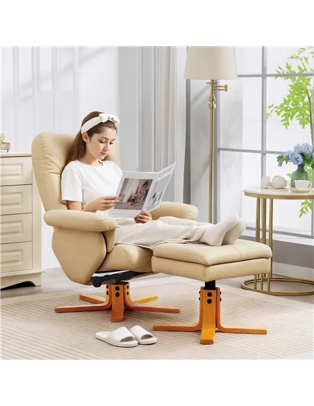 HOMCOM PU Leather Swivel Recliner Chair with Footstool, Wooden Base and Storage for Living Room, Beige