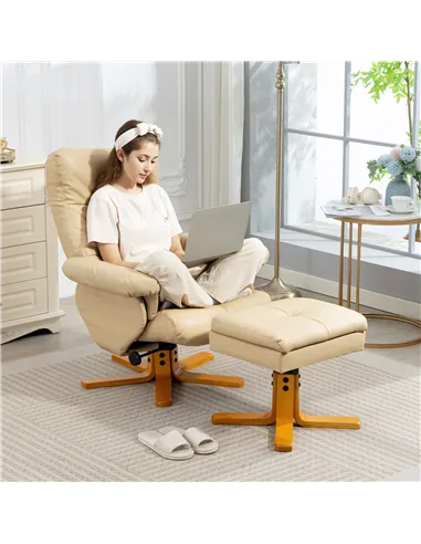 HOMCOM PU Leather Swivel Recliner Chair with Footstool, Wooden Base and Storage for Living Room, Beige