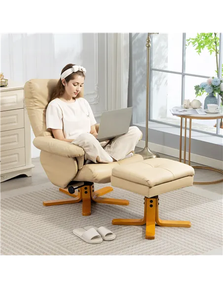 HOMCOM PU Leather Swivel Recliner Chair with Footstool, Wooden Base and Storage for Living Room, Beige