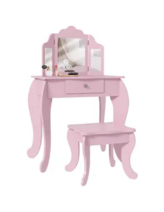 HOMCOM Kids Vanity Table and Chair Set with Tri-Folding Mirror and Stool, Makeup Dressing Table with Drawer, Pink