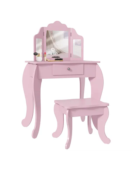 HOMCOM Kids Vanity Table and Chair Set with Tri-Folding Mirror and Stool, Makeup Dressing Table with Drawer, Pink
