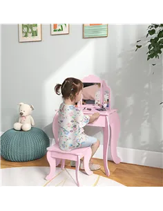 HOMCOM Kids Vanity Table and Chair Set with Tri-Folding Mirror and Stool, Makeup Dressing Table with Drawer, Pink 2