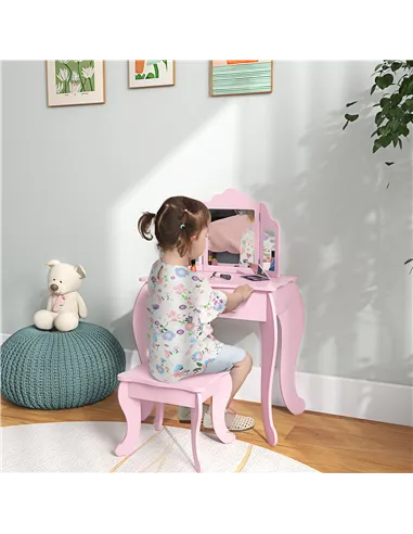 HOMCOM Kids Vanity Table and Chair Set with Tri-Folding Mirror and Stool, Makeup Dressing Table with Drawer, Pink