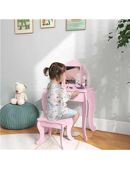 HOMCOM Kids Vanity Table and Chair Set with Tri-Folding Mirror and Stool, Makeup Dressing Table with Drawer, Pink