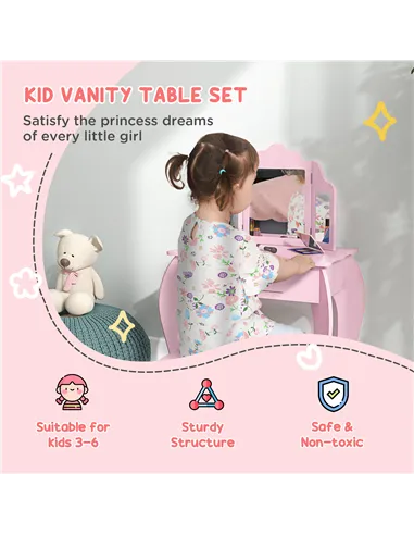 HOMCOM Kids Vanity Table and Chair Set with Tri-Folding Mirror and Stool, Makeup Dressing Table with Drawer, Pink