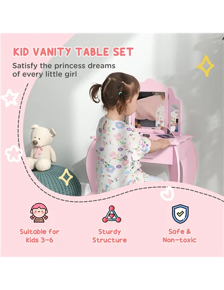 HOMCOM Kids Vanity Table and Chair Set with Tri-Folding Mirror and Stool, Makeup Dressing Table with Drawer, Pink