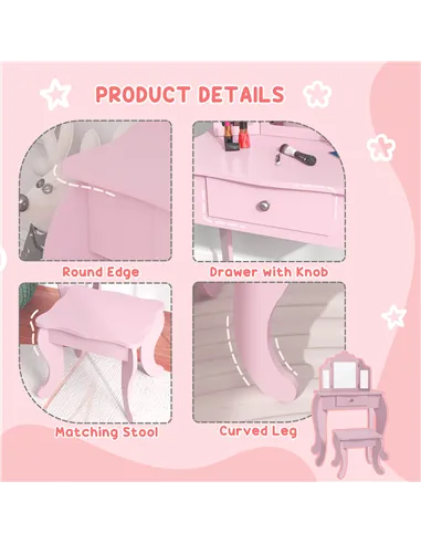 HOMCOM Kids Vanity Table and Chair Set with Tri-Folding Mirror and Stool, Makeup Dressing Table with Drawer, Pink