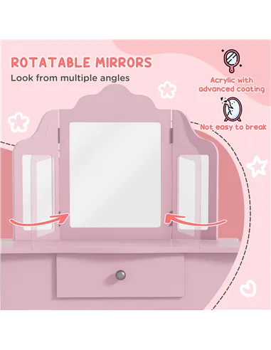 HOMCOM Kids Vanity Table and Chair Set with Tri-Folding Mirror and Stool, Makeup Dressing Table with Drawer, Pink