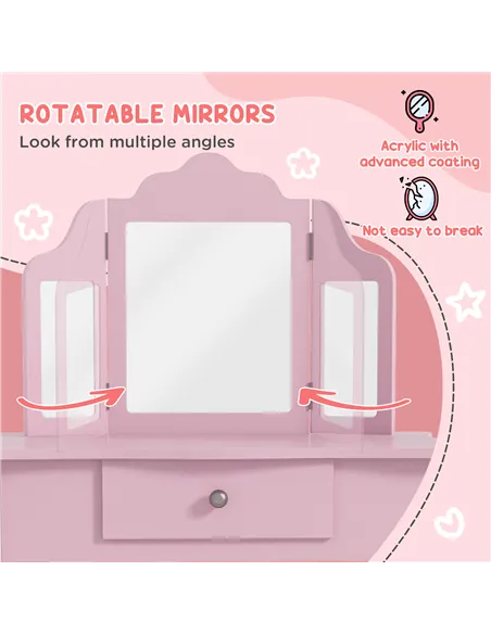 HOMCOM Kids Vanity Table and Chair Set with Tri-Folding Mirror and Stool, Makeup Dressing Table with Drawer, Pink
