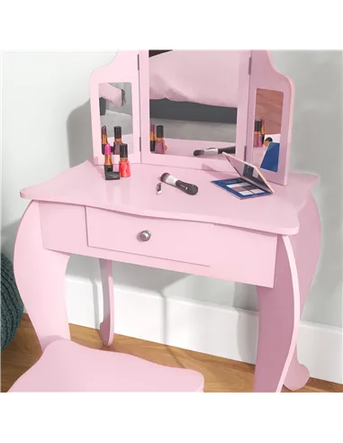 HOMCOM Kids Vanity Table and Chair Set with Tri-Folding Mirror and Stool, Makeup Dressing Table with Drawer, Pink