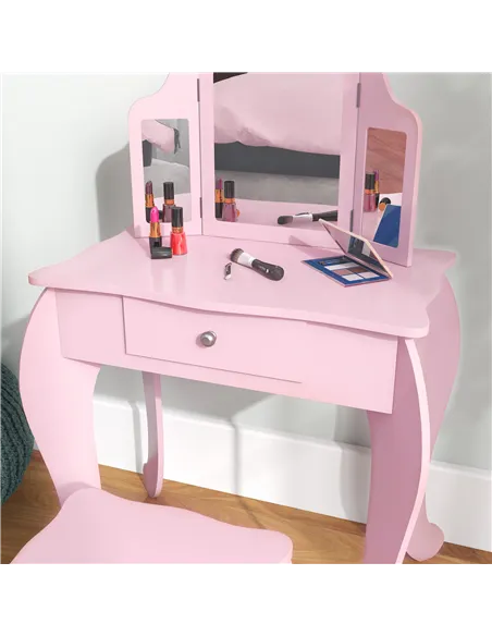 HOMCOM Kids Vanity Table and Chair Set with Tri-Folding Mirror and Stool, Makeup Dressing Table with Drawer, Pink