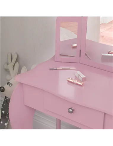 HOMCOM Kids Vanity Table and Chair Set with Tri-Folding Mirror and Stool, Makeup Dressing Table with Drawer, Pink