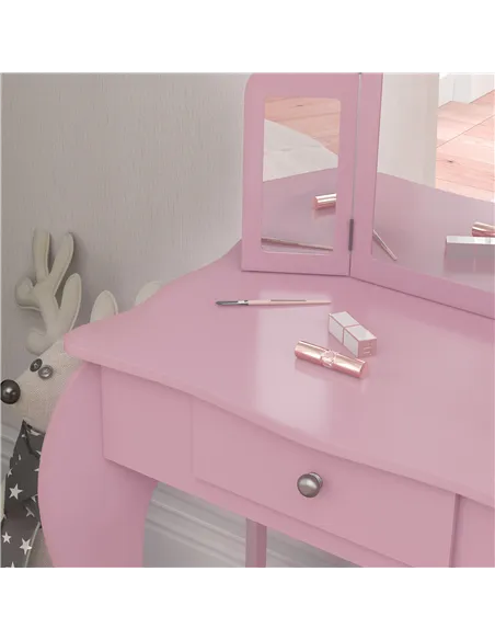 HOMCOM Kids Vanity Table and Chair Set with Tri-Folding Mirror and Stool, Makeup Dressing Table with Drawer, Pink