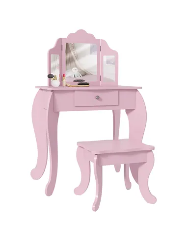 HOMCOM Kids Vanity Table and Chair Set with Tri-Folding Mirror and Stool, Makeup Dressing Table with Drawer, Pink