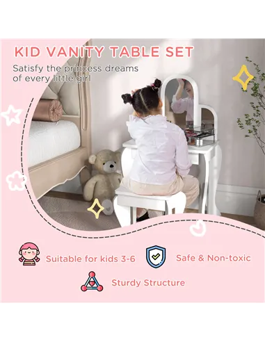 HOMCOM Kids Dressing Table Set, with Mirror and Drawer - White