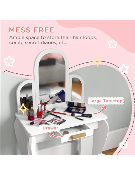 HOMCOM Kids Dressing Table Set, with Mirror and Drawer - White