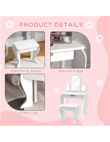 HOMCOM Kids Dressing Table Set, with Mirror and Drawer - White