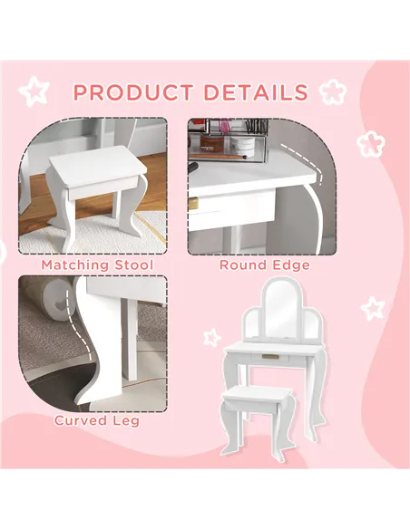 HOMCOM Kids Dressing Table Set, with Mirror and Drawer - White