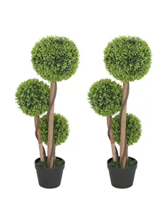 HOMCOM Decorative Artificial Trees Boxwood Ball Topiary Trees Set of 2 in Pot, Fake Plants for Home Indoor Outdoor Decor