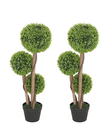 HOMCOM Decorative Artificial Trees Boxwood Ball Topiary Trees Set of 2 in Pot, Fake Plants for Home Indoor Outdoor Decor