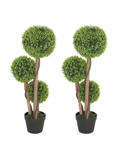 HOMCOM Decorative Artificial Trees Boxwood Ball Topiary Trees Set of 2 in Pot, Fake Plants for Home Indoor Outdoor Decor