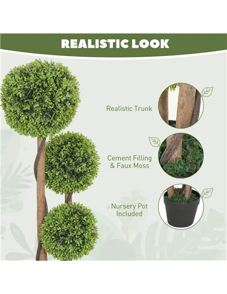 HOMCOM Decorative Artificial Trees Boxwood Ball Topiary Trees Set of 2 in Pot, Fake Plants for Home Indoor Outdoor Decor