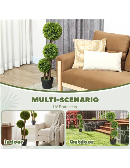 HOMCOM Decorative Artificial Trees Boxwood Ball Topiary Trees Set of 2 in Pot, Fake Plants for Home Indoor Outdoor Decor