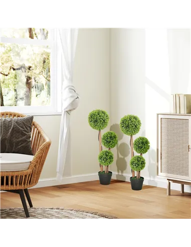 HOMCOM Decorative Artificial Trees Boxwood Ball Topiary Trees Set of 2 in Pot, Fake Plants for Home Indoor Outdoor Decor