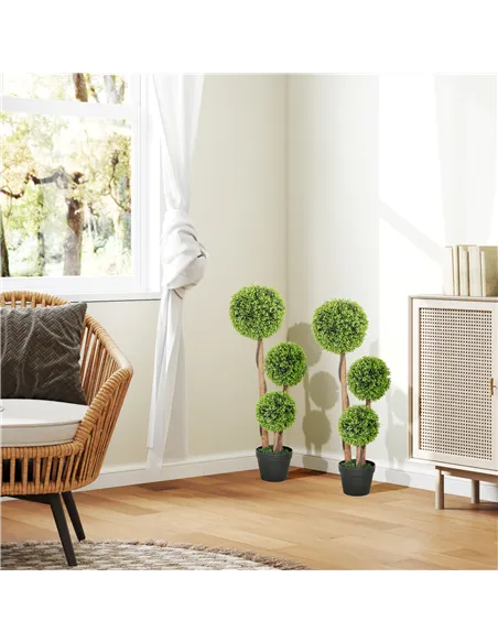 HOMCOM Decorative Artificial Trees Boxwood Ball Topiary Trees Set of 2 in Pot, Fake Plants for Home Indoor Outdoor Decor