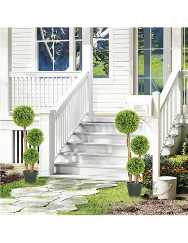 HOMCOM Decorative Artificial Trees Boxwood Ball Topiary Trees Set of 2 in Pot, Fake Plants for Home Indoor Outdoor Decor