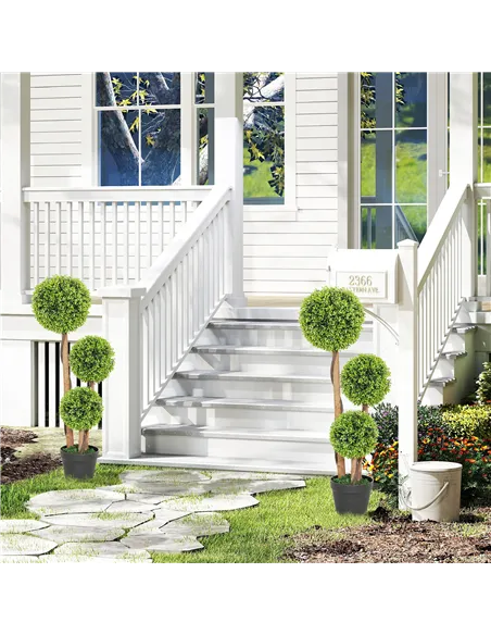 HOMCOM Decorative Artificial Trees Boxwood Ball Topiary Trees Set of 2 in Pot, Fake Plants for Home Indoor Outdoor Decor