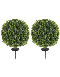 HOMCOM Set of 2 40 cm Artificial Boxwood Topiary Ball Bush with Integrated Ground Stake, Indoor Outdoor UV Resistant Faux Greene