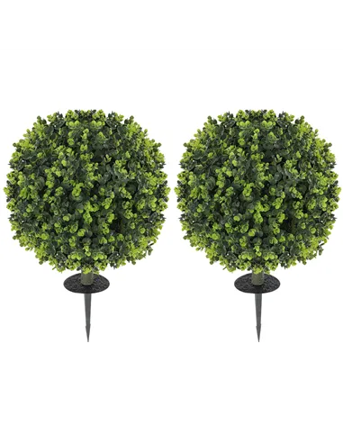 HOMCOM Set of 2 40 cm Artificial Boxwood Topiary Ball Bush with Integrated Ground Stake, Indoor Outdoor UV Resistant Faux Greene