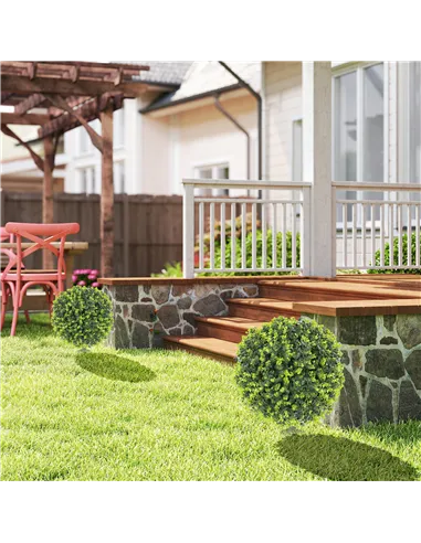 HOMCOM Set of 2 40 cm Artificial Boxwood Topiary Ball Bush with Integrated Ground Stake, Indoor Outdoor UV Resistant Faux Greene