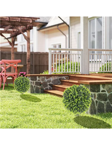 HOMCOM Set of 2 40 cm Artificial Boxwood Topiary Ball Bush with Integrated Ground Stake, Indoor Outdoor UV Resistant Faux Greene