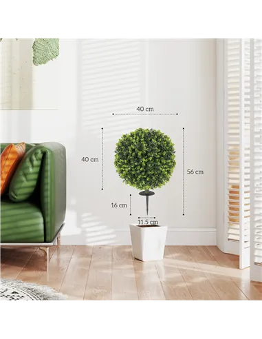 HOMCOM Set of 2 40 cm Artificial Boxwood Topiary Ball Bush with Integrated Ground Stake, Indoor Outdoor UV Resistant Faux Greene