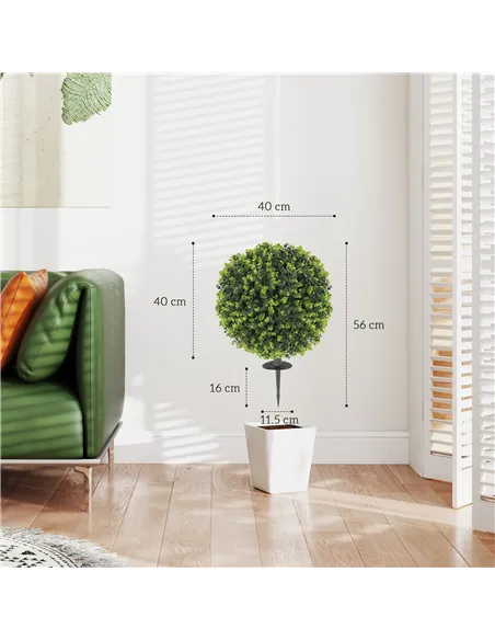 HOMCOM Set of 2 40 cm Artificial Boxwood Topiary Ball Bush with Integrated Ground Stake, Indoor Outdoor UV Resistant Faux Greene