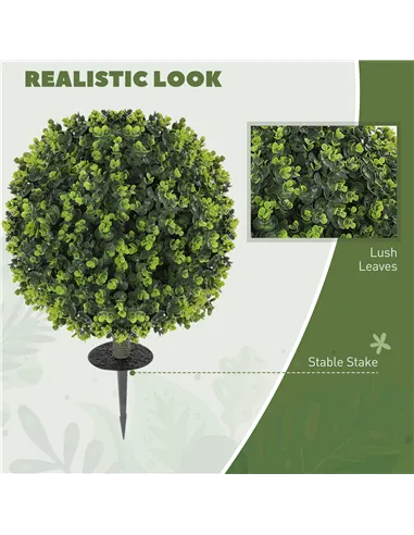 HOMCOM Set of 2 40 cm Artificial Boxwood Topiary Ball Bush with Integrated Ground Stake, Indoor Outdoor UV Resistant Faux Greene