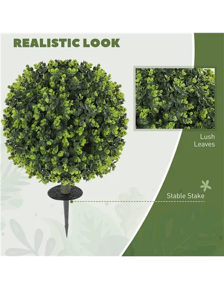 HOMCOM Set of 2 40 cm Artificial Boxwood Topiary Ball Bush with Integrated Ground Stake, Indoor Outdoor UV Resistant Faux Greene